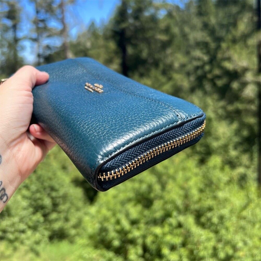 COACH Teal Long Zip-Around Pebble Leather Wallet with Gold Hardware AUTHENTIC - Picture 5 of 12